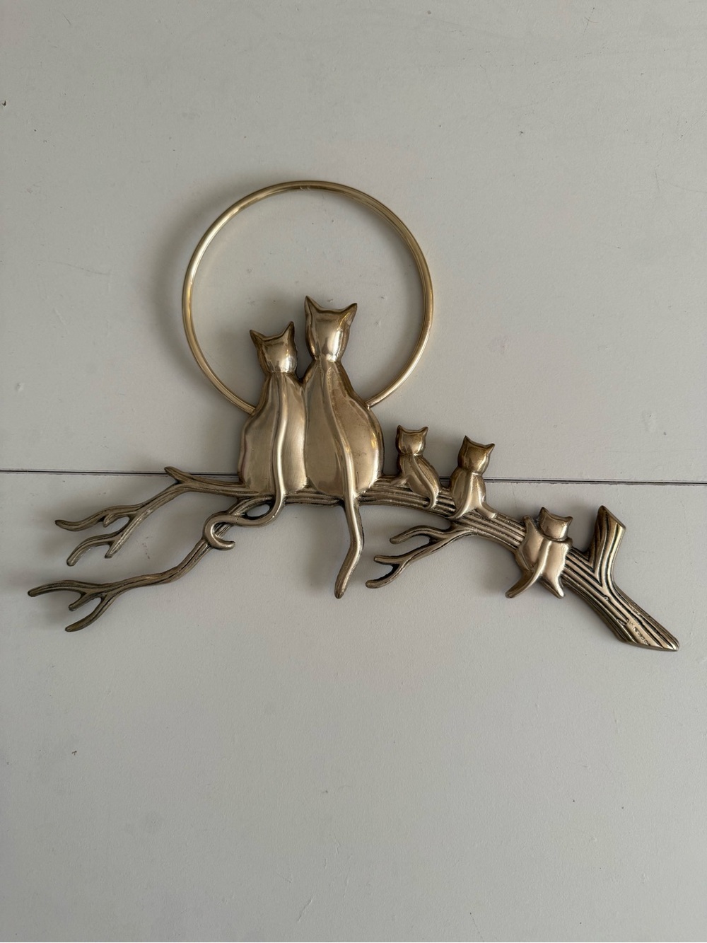 Vintage Brass Cat Family Kitten Full Moon Halloween Wall Art Hanging Whimsical